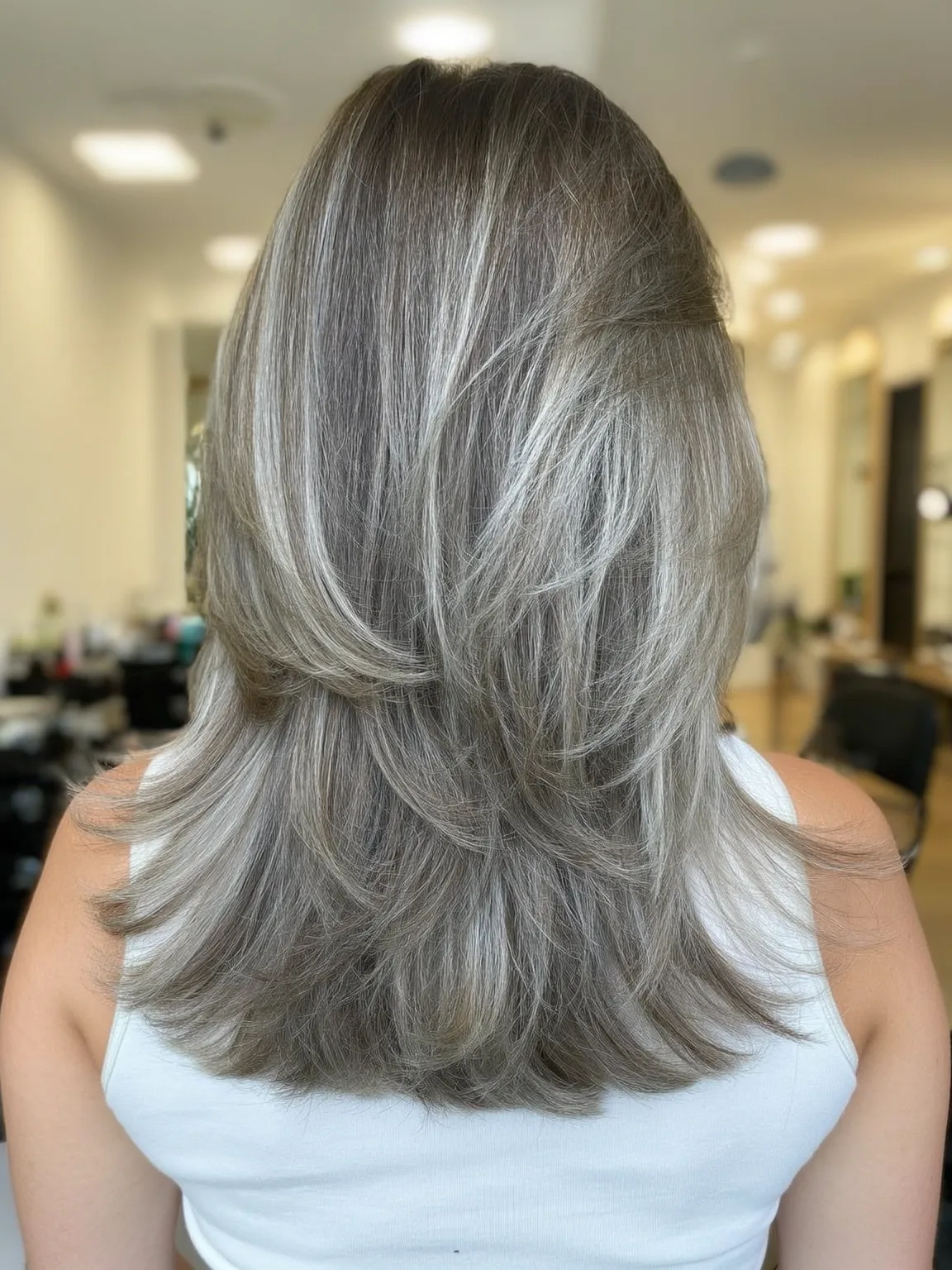 Silver Frost Layered Cut with Ash Bronde Highlights